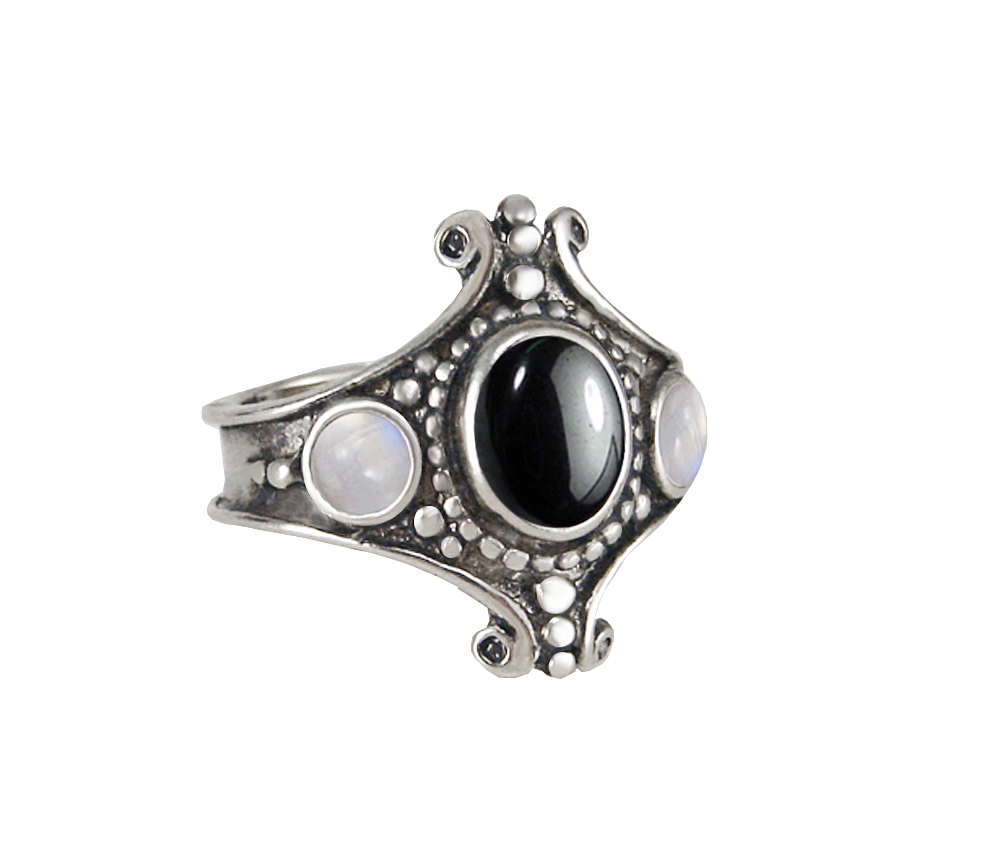 Sterling Silver Imperial Ring With Hematite And Rainbow Moonstone Size 9